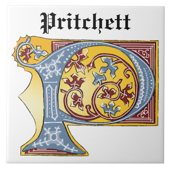 Mediaeval Blue and Red Ivy Illuminated Letter P Tile (Front)