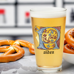 Mediaeval Blue and Red Ivy Illuminated Letter R Glass