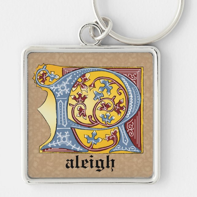 Mediaeval Blue and Red Ivy Illuminated Letter R Key Ring (Front)