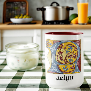 Mediaeval Blue and Red Ivy Illuminated Letter R Mug