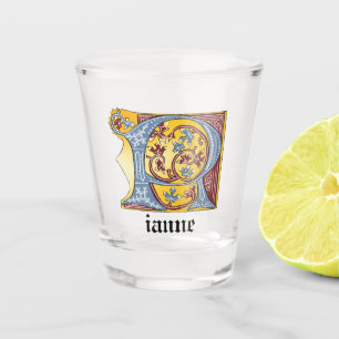 Mediaeval Blue and Red Ivy Illuminated Letter R Shot Glass