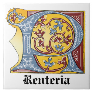 Mediaeval Blue and Red Ivy Illuminated Letter R Tile