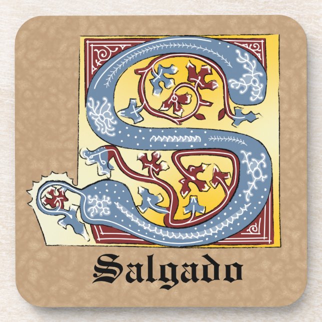 Mediaeval Blue and Red Ivy Illuminated Letter S Coaster (Front)