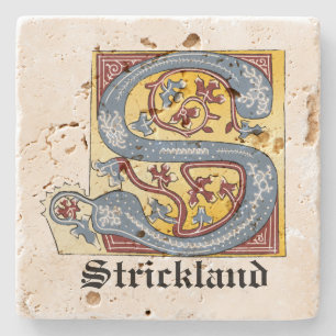 Mediaeval Blue and Red Ivy Illuminated Letter S Stone Coaster