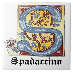 Mediaeval Blue and Red Ivy Illuminated Letter S Tile