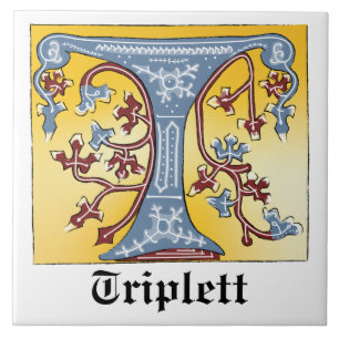 Mediaeval Blue and Red Ivy Illuminated Letter T Tile