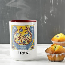 Mediaeval Blue and Red Ivy Illuminated Letter U