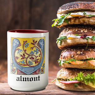 Mediaeval Blue and Red Ivy Illuminated Letter V Mug