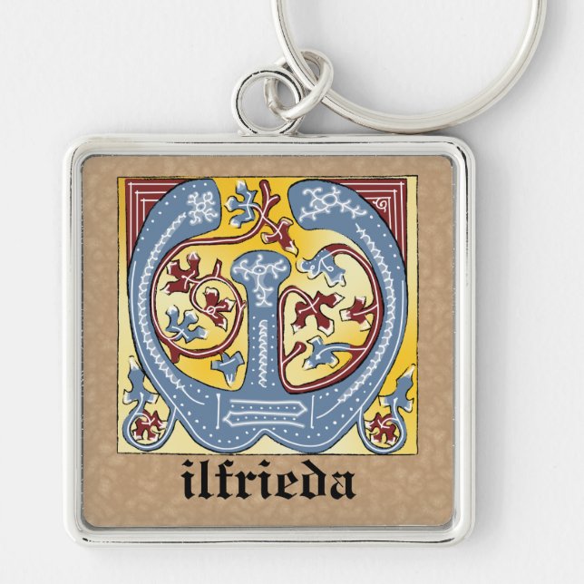 Mediaeval Blue and Red Ivy Illuminated Letter W Key Ring (Front)
