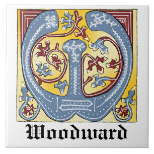 Mediaeval Blue and Red Ivy Illuminated Letter W Tile
