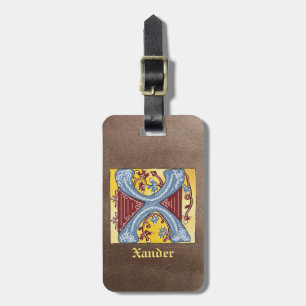 Mediaeval Blue and Red Ivy Illuminated Letter X Luggage Tag