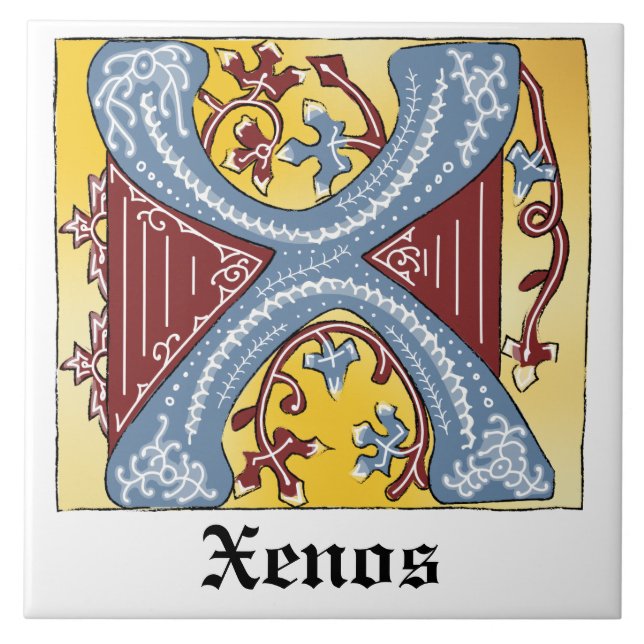 Mediaeval Blue and Red Ivy Illuminated Letter X Tile (Front)