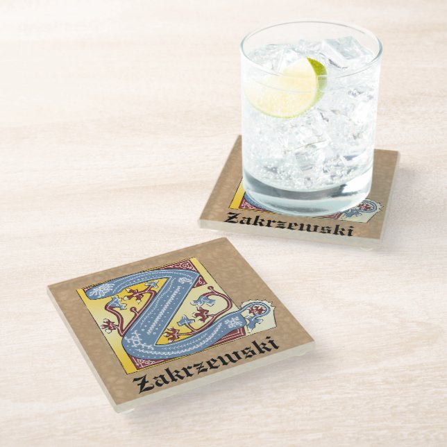 Mediaeval Blue and Red Ivy Illuminated Letter Z Glass Coaster (Angled)