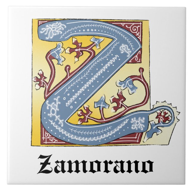 Mediaeval Blue and Red Ivy Illuminated Letter Z Tile (Front)