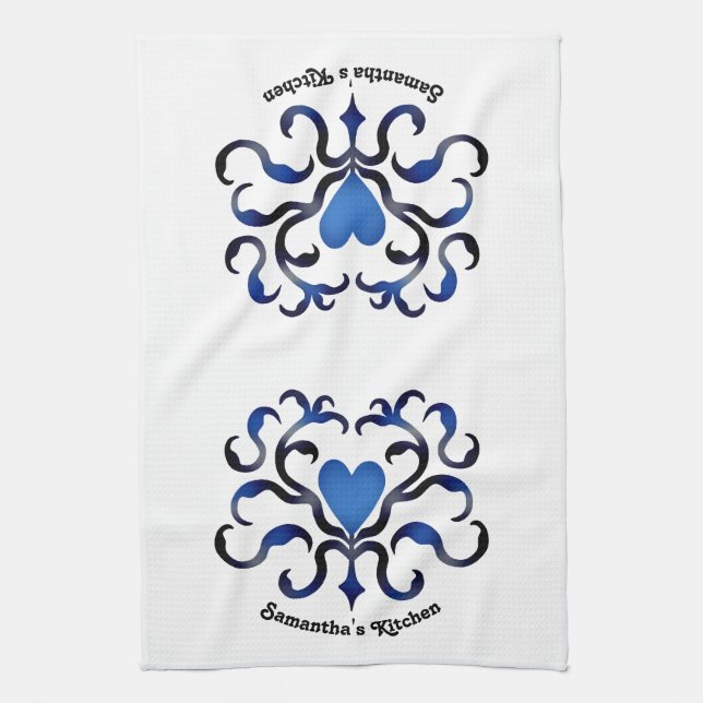 Mediaeval blue heart tea towel (Vertical)