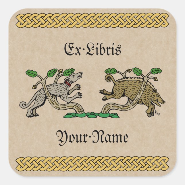 Mediaeval Boar Hunt Bookplate Square Sticker (Front)