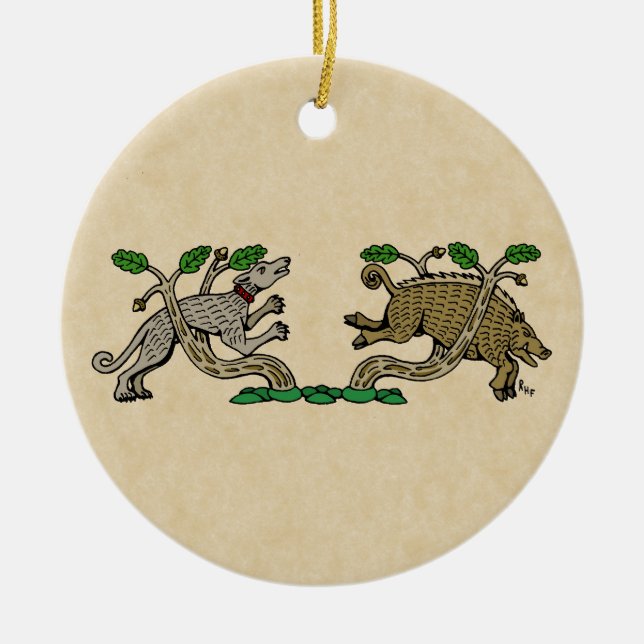 Mediaeval Boar Hunt Ceramic Tree Decoration (Front)
