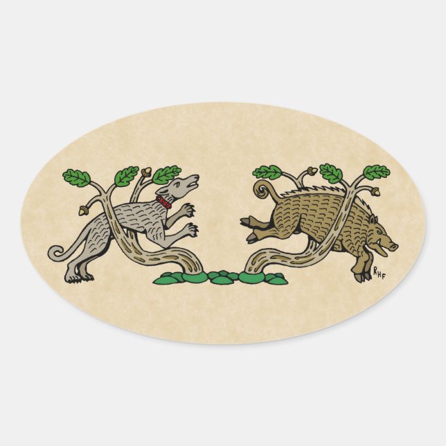Mediaeval Boar Hunt Oval Sticker (Front)