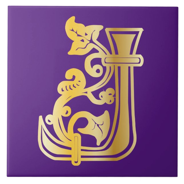 Mediaeval Botanical Decorative Capital J Tile (Front)