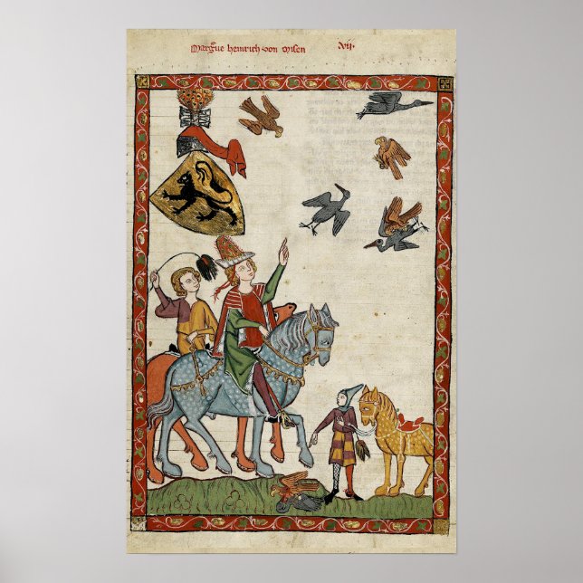 Mediaeval Boys on horseback with birds Poster (Front)