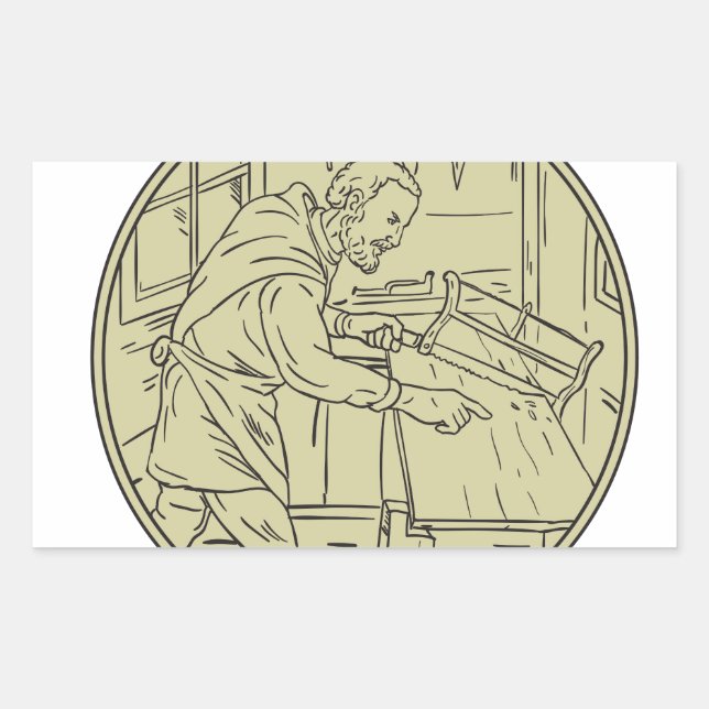 Mediaeval Carpenter Sawing Wood Circle Retro Rectangular Sticker (Front)