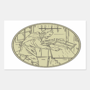 Mediaeval Carpenter Sawing Wood Circle Retro Rectangular Sticker