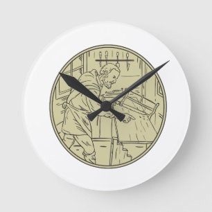 Mediaeval Carpenter Sawing Wood Circle Retro Round Clock