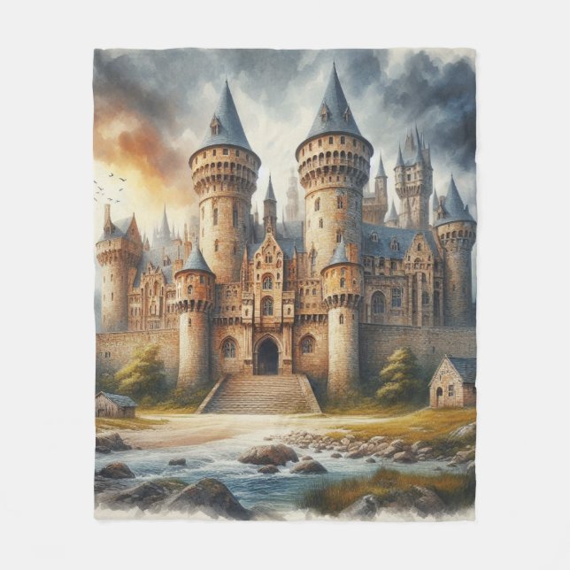 Mediaeval Castle at Sunset with Atmospheric Skies Fleece Blanket (Front)