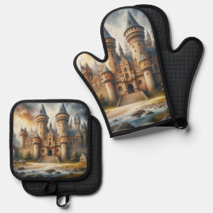 Mediaeval Castle at Sunset with Atmospheric Skies Oven Mitt & Pot Holder Set