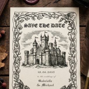 Mediaeval Castle Black White Illustration  Save The Date