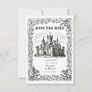 Mediaeval Castle Black White Illustration Save The Date
