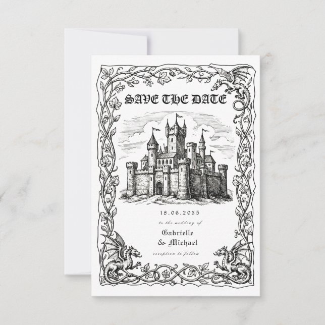 Mediaeval Castle Black White Illustration  Save The Date (Front)