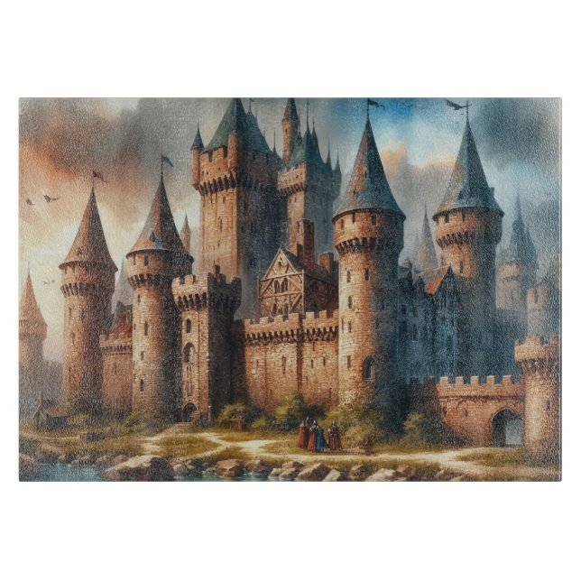 Mediaeval Castle by a Tranquil River at Sunset Cutting Board (Front)