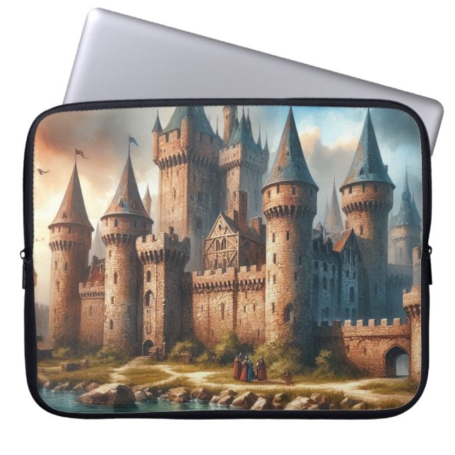 Mediaeval Castle by a Tranquil River at Sunset Laptop Sleeve (Front)
