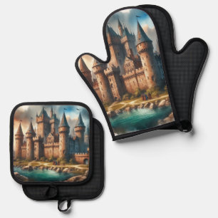 Mediaeval Castle by a Tranquil River at Sunset Oven Mitt & Pot Holder Set