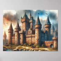 Mediaeval Castle by a Tranquil River at Sunset