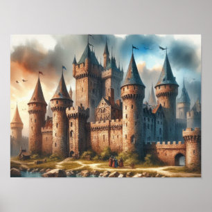 Mediaeval Castle by a Tranquil River at Sunset Poster