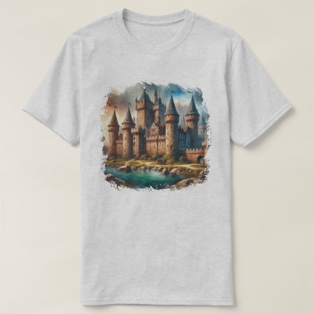 Mediaeval Castle by a Tranquil River at Sunset T-Shirt (Design Front)