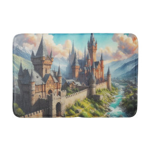 Mediaeval Castle in a Mountain Valley Landscape Bath Mat