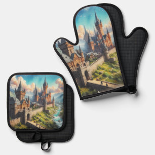 Mediaeval Castle in a Mountain Valley Landscape Oven Mitt & Pot Holder Set