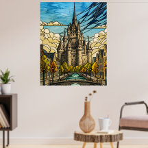 Mediaeval Castle over Canal Stained Glass Art Illu