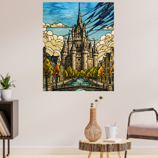 Mediaeval Castle over Canal Stained Glass Art Illu Poster