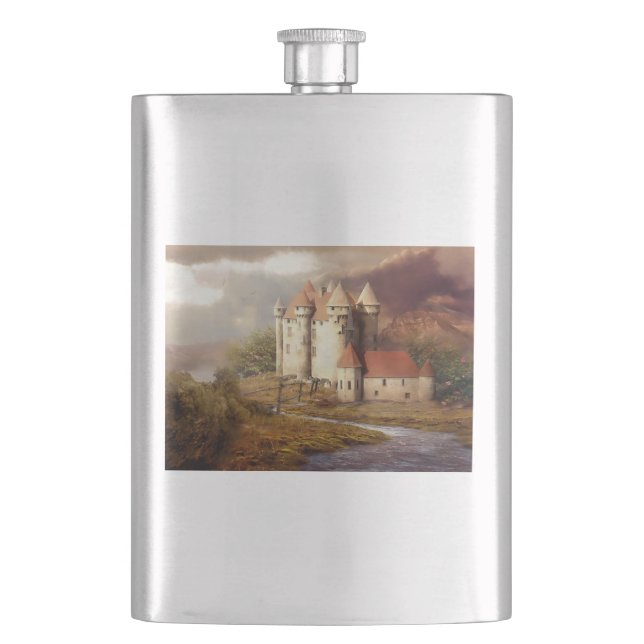 Mediaeval Castle River Run Hip Flask (Front)
