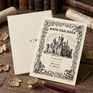 Mediaeval Castle Sepia Illustration Wedding Save The Date