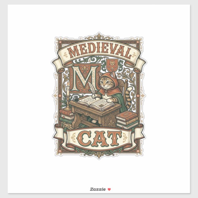 Mediaeval Cat Cat Mediaeval Manuscript Vintage (Sheet)