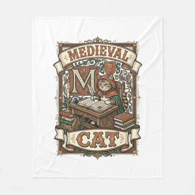 Mediaeval Cat Cat Mediaeval Manuscript Vintage Fleece Blanket (Front)