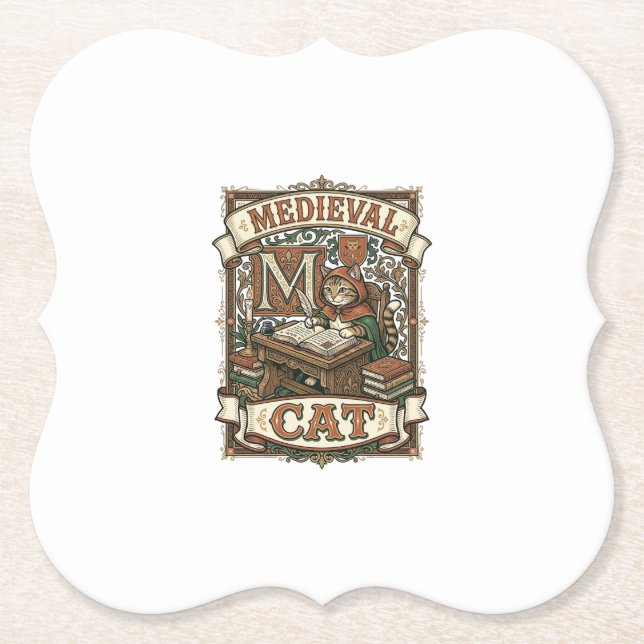 Mediaeval Cat Cat Mediaeval Manuscript Vintage Paper Coaster (Front)