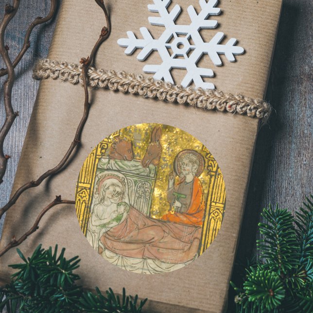 Mediaeval Catholic Christian Christmas Nativity  Classic Round Sticker (Medieval Manuscript Vintage Religious Catholic Christian Christmas Nativity Scene Gift Sticker)
