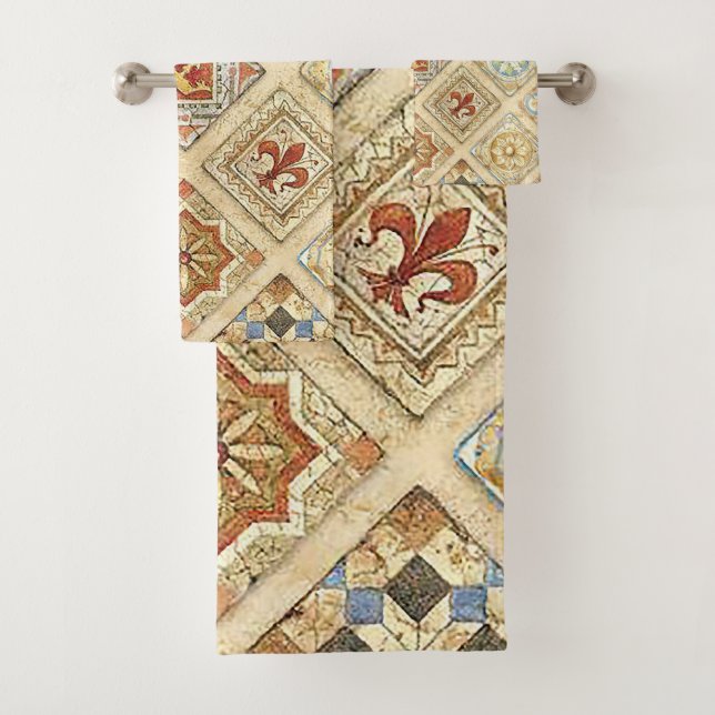 Mediaeval Ceramic Tile Crowns Fleur De Lis Bath Towel Set (Insitu)