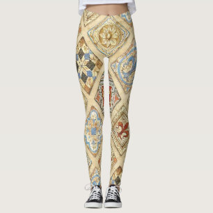 Mediaeval Ceramic Tile Crowns Fleur De Lis Leggings